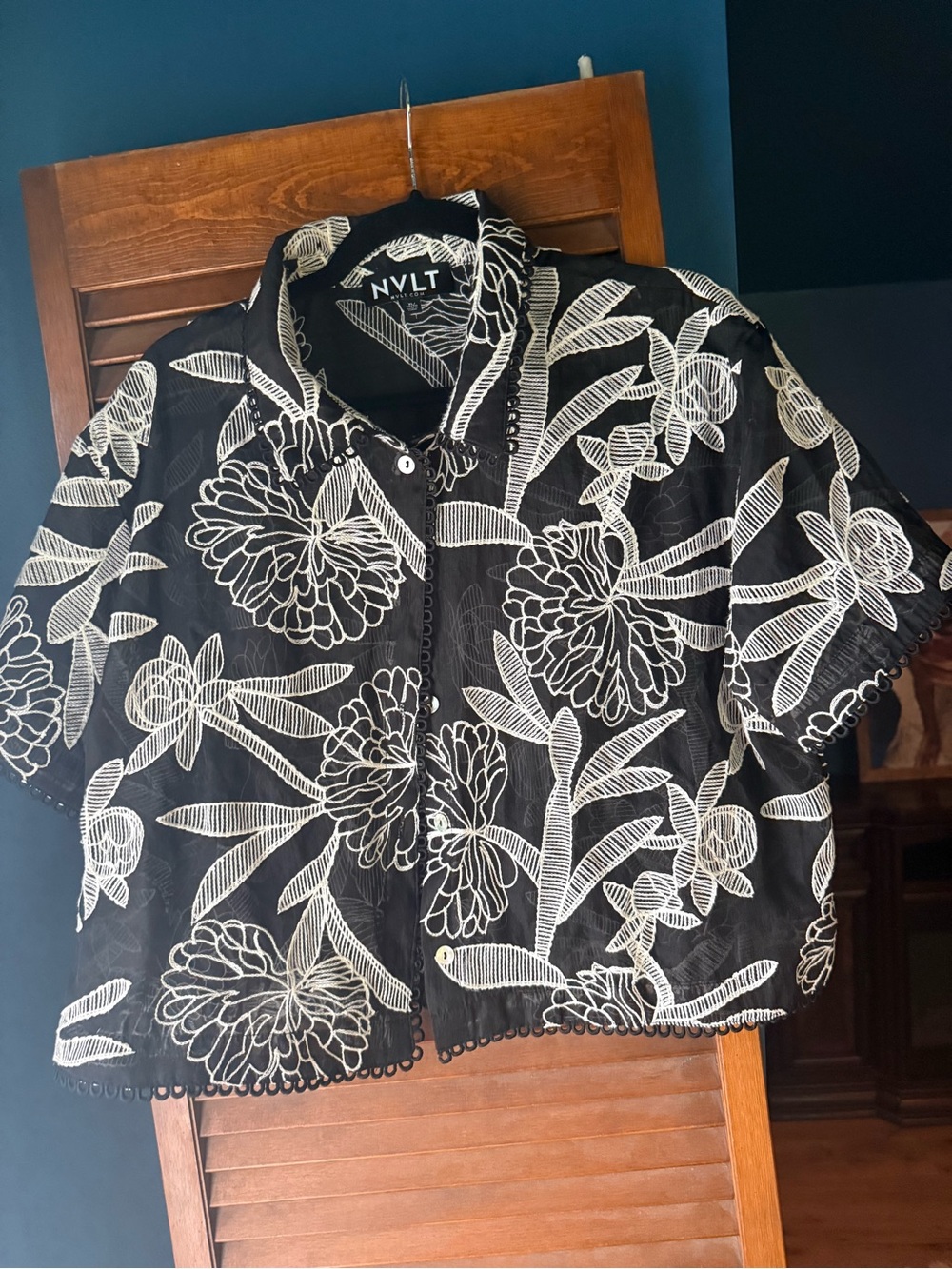 NVLT Black Button-Down Cropped Shirt with White Floral Embroidery